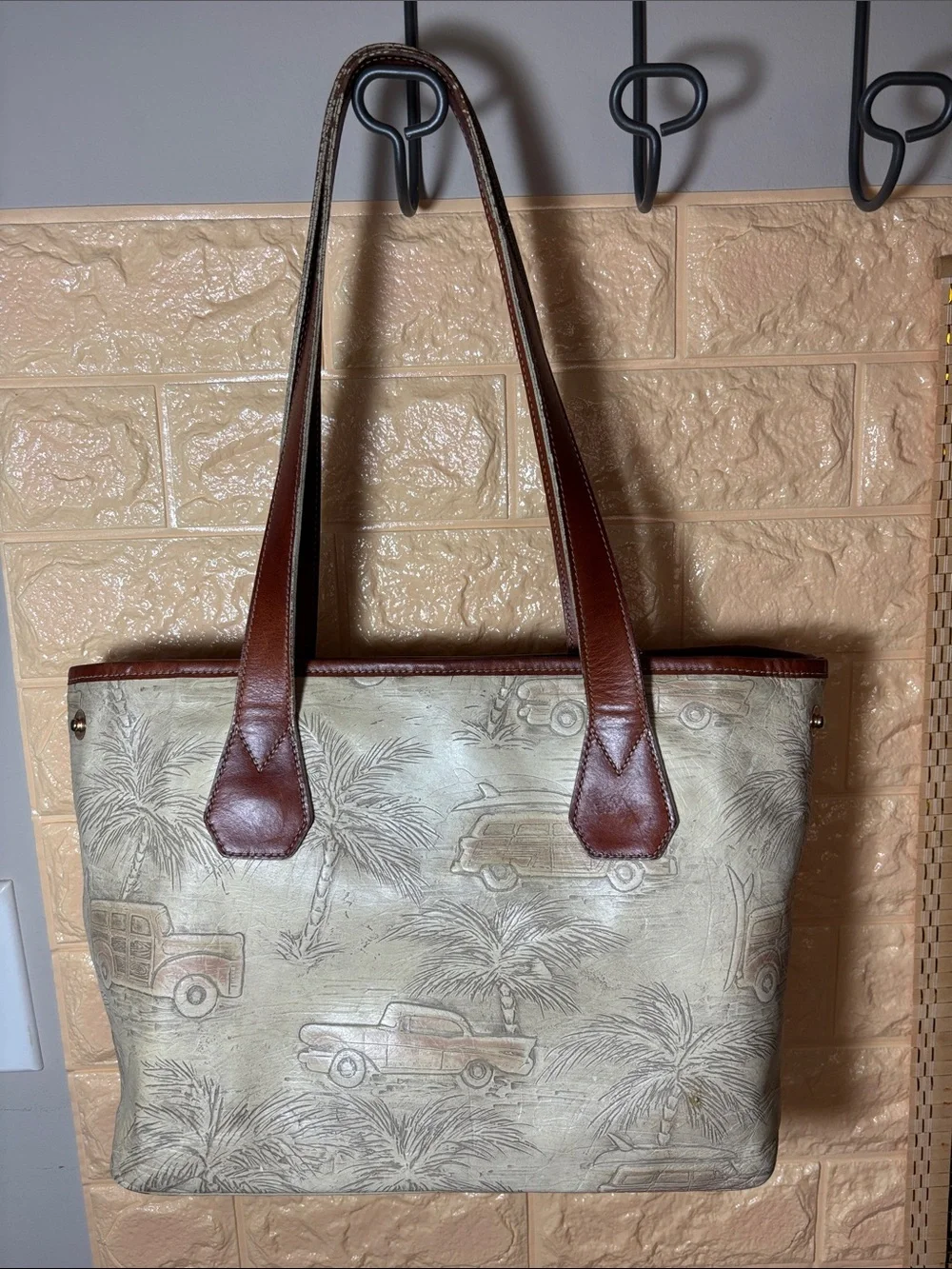 Brahmin Leather-Trim Beige & Brown Tote Bag w Copa Cabana Woody Car Palm Trees